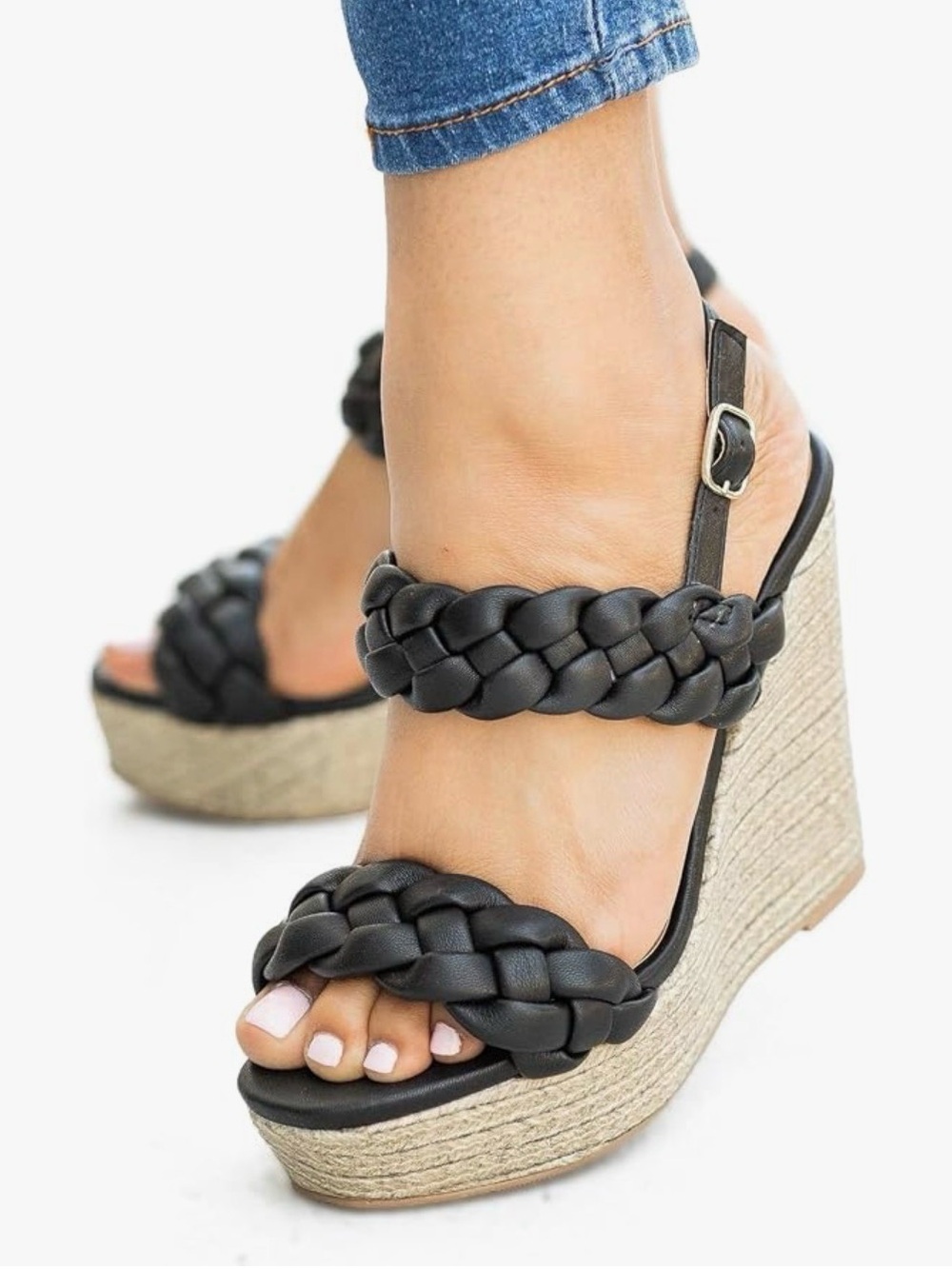 Coutgo Braided Strap Black Wedge  Espadrille Sandals - Black size 6